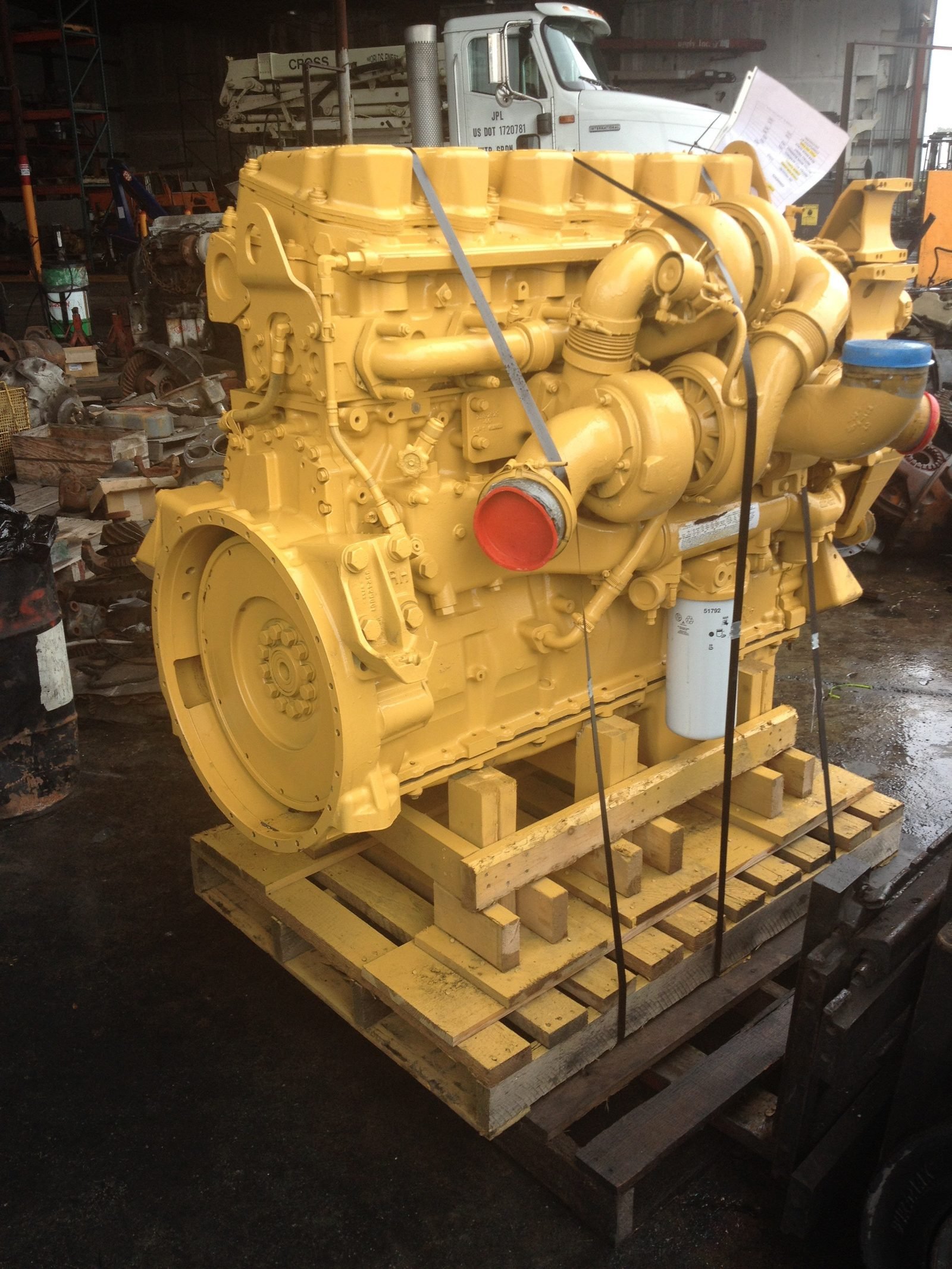 The replacement Caterpillar C15 on its pallet